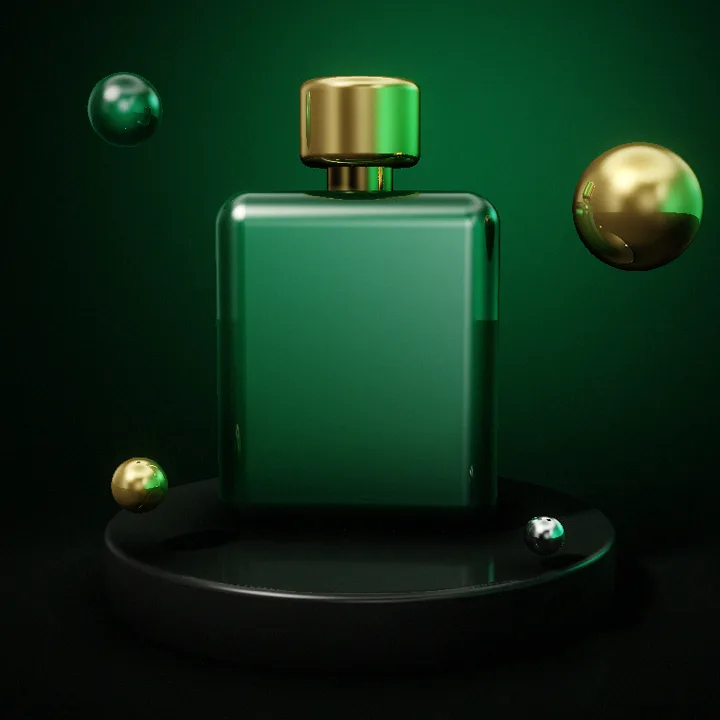 3D render: emerald perfume bottle with a gold cap
