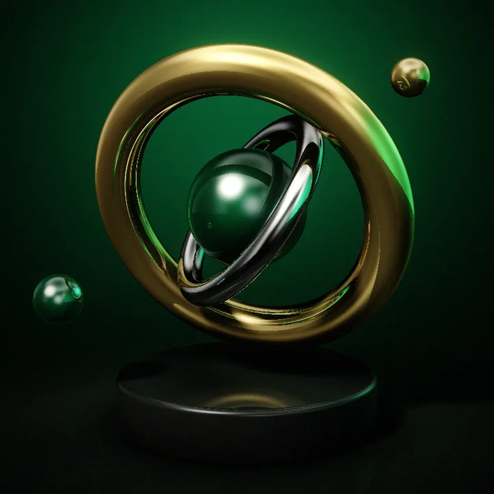 3D render: gold and chrome rings around an emerald sphere